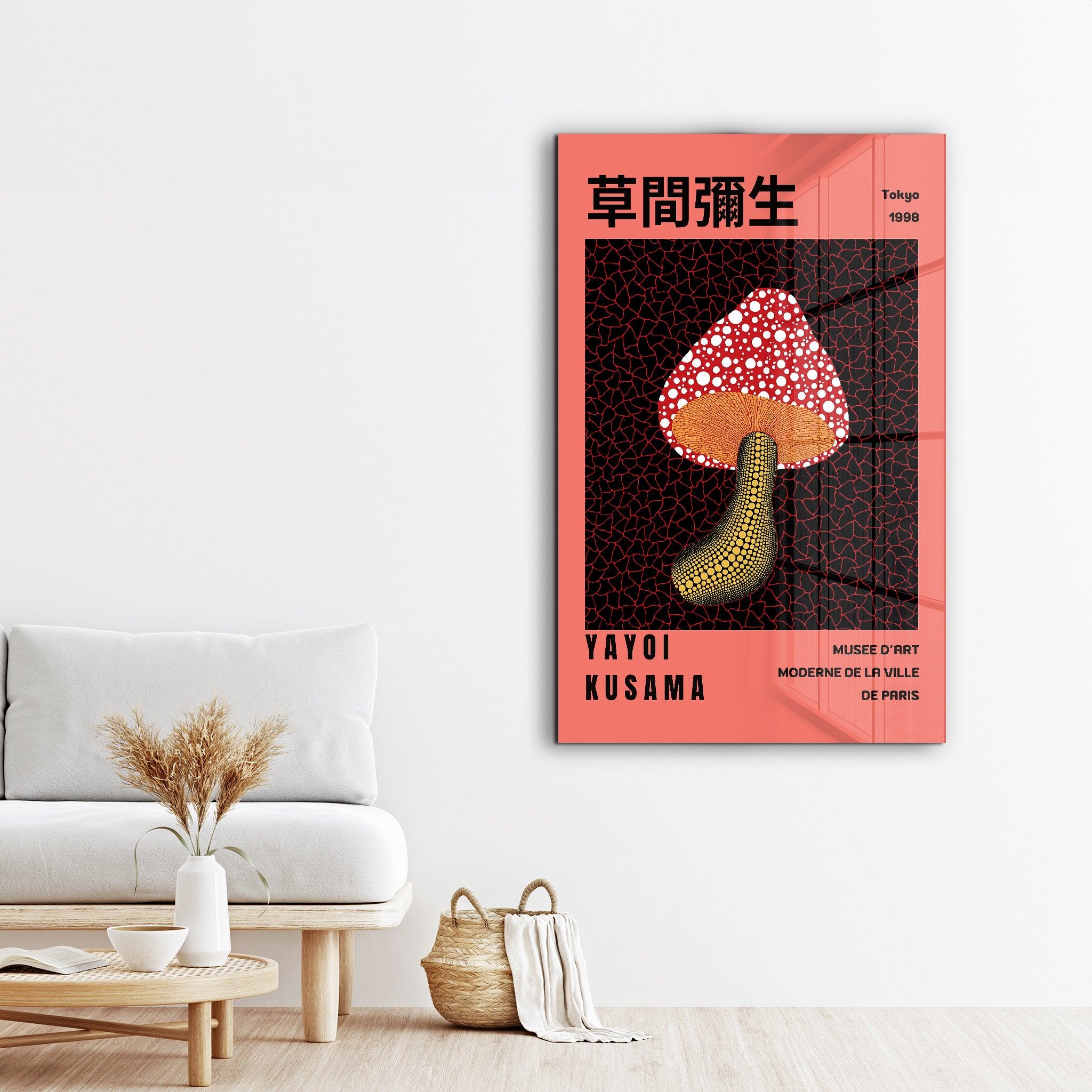 Red mushroom glass wall art by Artdesigna featuring Yayoi Kusama's Japanese pop art style, vibrant and colorful wall decor.