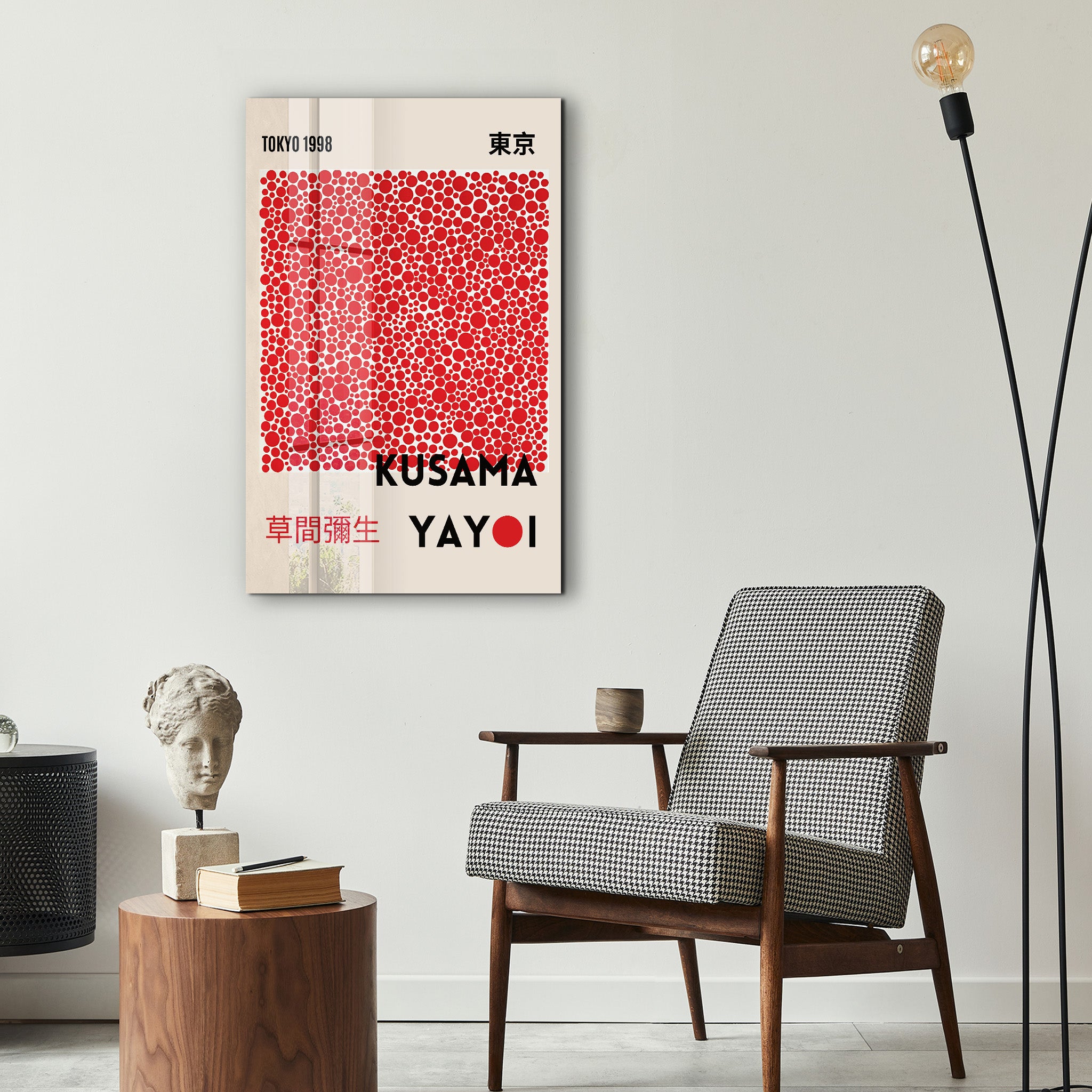Red dotted glass wall art featuring Yayoi Kusama Tokyo 1998 Japanese pop art design by Artdesigna.
