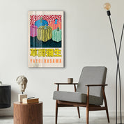 Colorful Yayoi Kusama pumpkins glass wall art by Artdesigna featuring vibrant Japanese pop art design on clear glass panel.