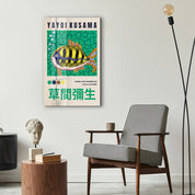 Colorful Yayoi Kusama tropical fish glass wall art by Artdesigna showcasing vibrant Japanese pop art design on clear glass.