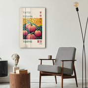 Yayoi Kusama Pumpkin Cluster glass wall art by Artdesigna featuring vibrant orange pumpkins in Japanese pop art style.