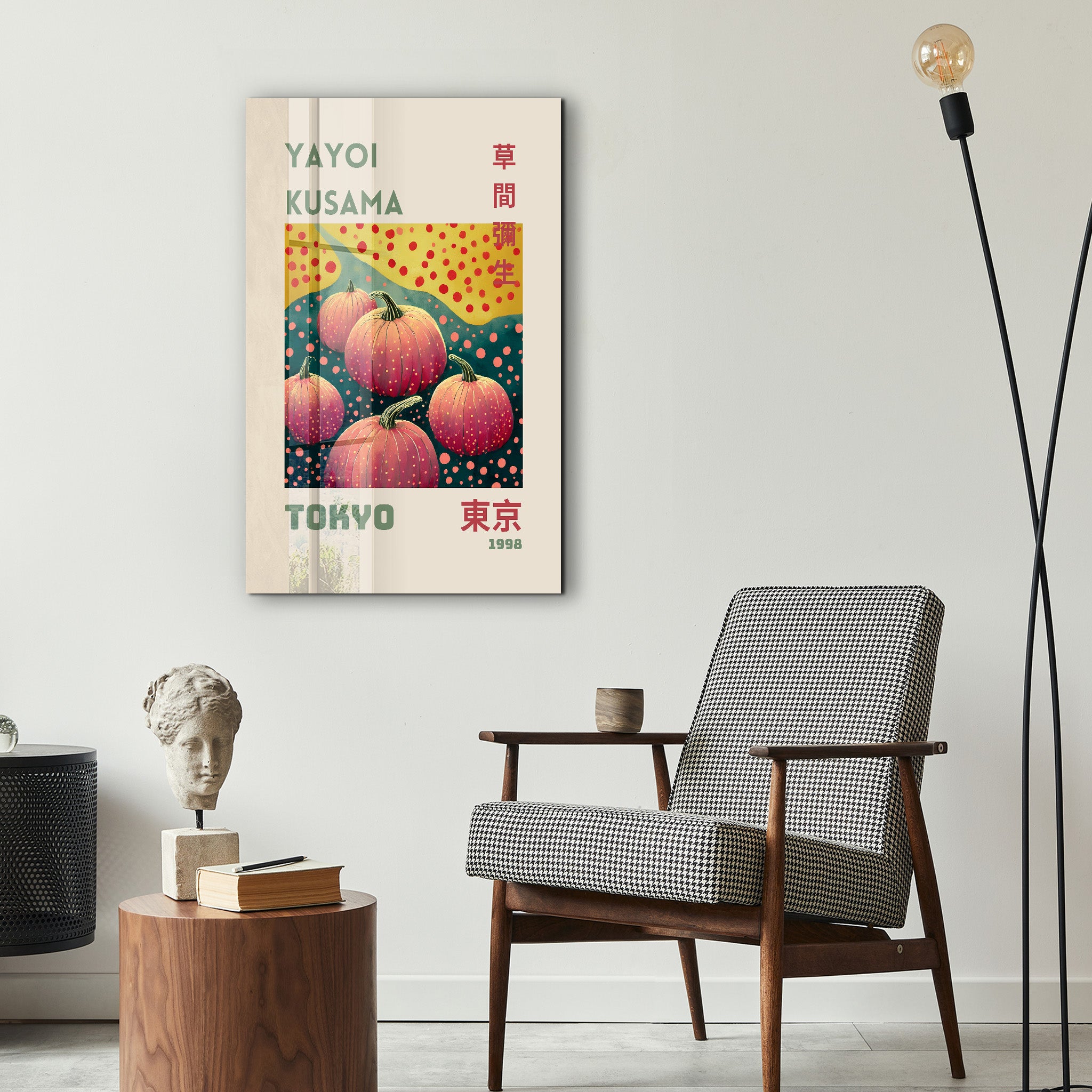 Yayoi Kusama Pumpkin Cluster glass wall art by Artdesigna featuring vibrant orange pumpkins in Japanese pop art style.
