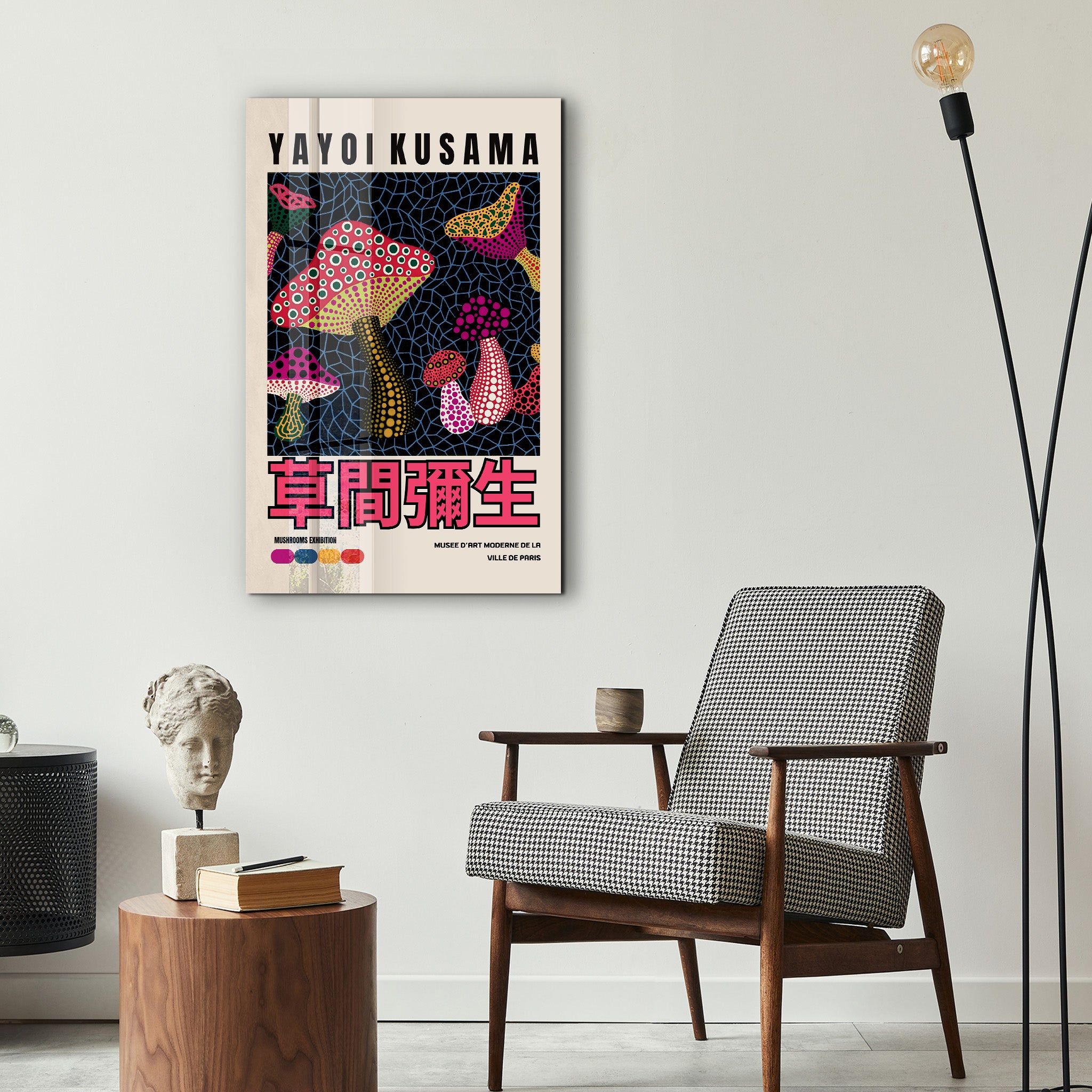 Yayoi Kusama pink mushroom glass wall art by Artdesigna featuring vibrant Japanese pop art style on clear glass background.