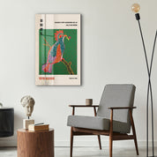 Colorful Yayoi Kusama Tropical Bird glass wall art by Artdesigna featuring vibrant Japanese pop art style on clear glass.