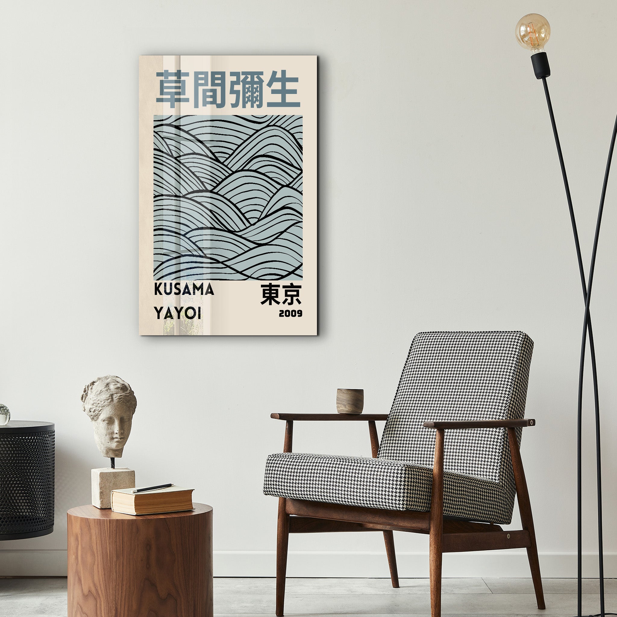 Yayoi Kusama Minimal Wave glass wall art by Artdesigna featuring vibrant Japanese pop art with wavy abstract design.