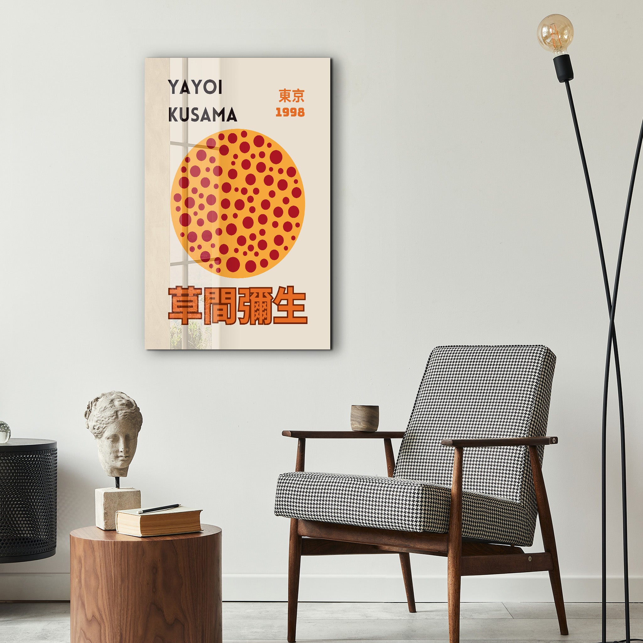 Colorful Yayoi Kusama polka dot sun glass wall art by Artdesigna featuring vibrant pop art design on clear glass surface.