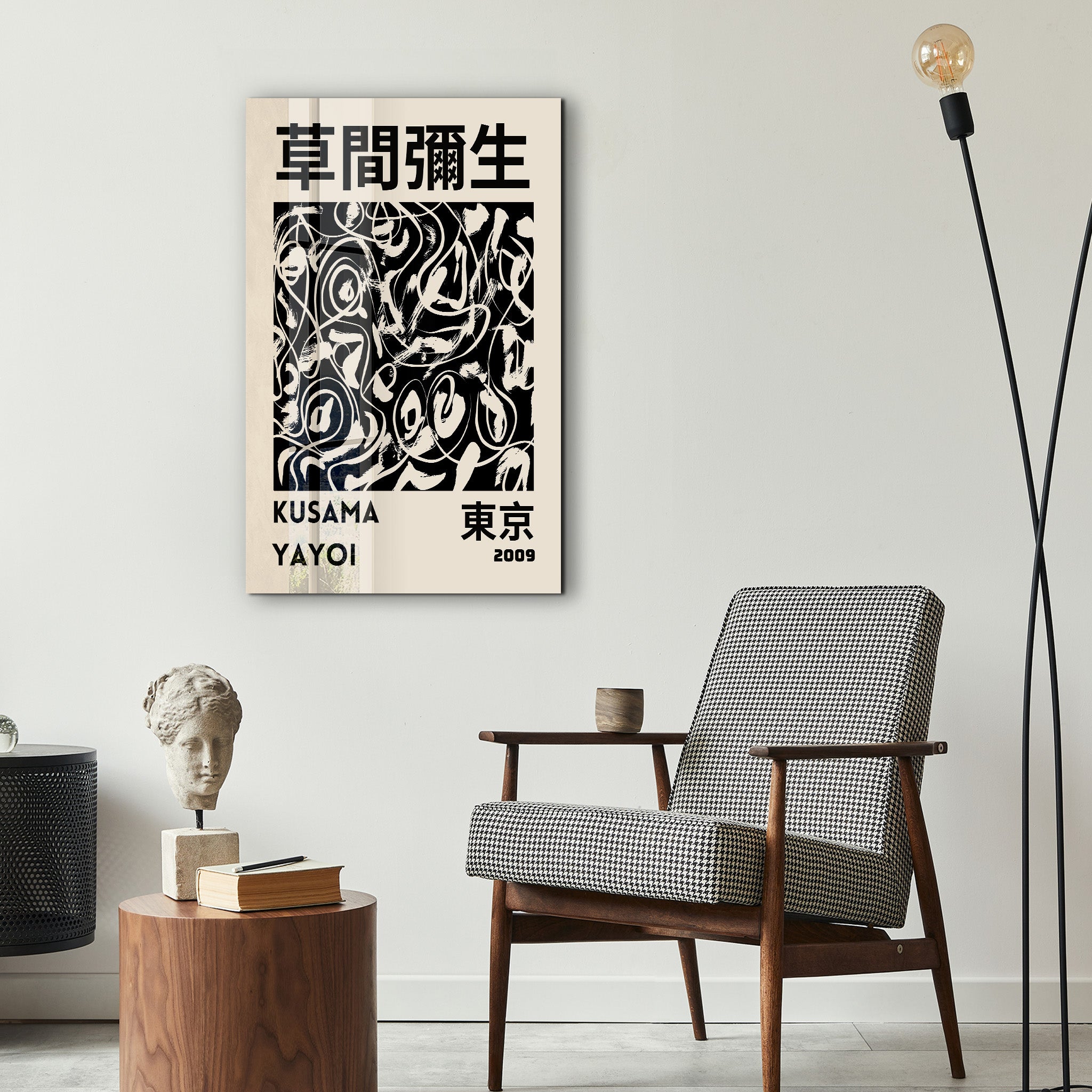 Yayoi Kusama monochrome Japanese pop art glass wall art by Artdesigna featuring bold abstract patterns on clear glass.
