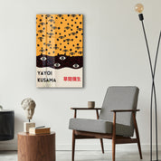 Yayoi Kusama Infinite Eyes glass wall art by Artdesigna featuring vibrant, pop art design with colorful eye patterns on transparent glass