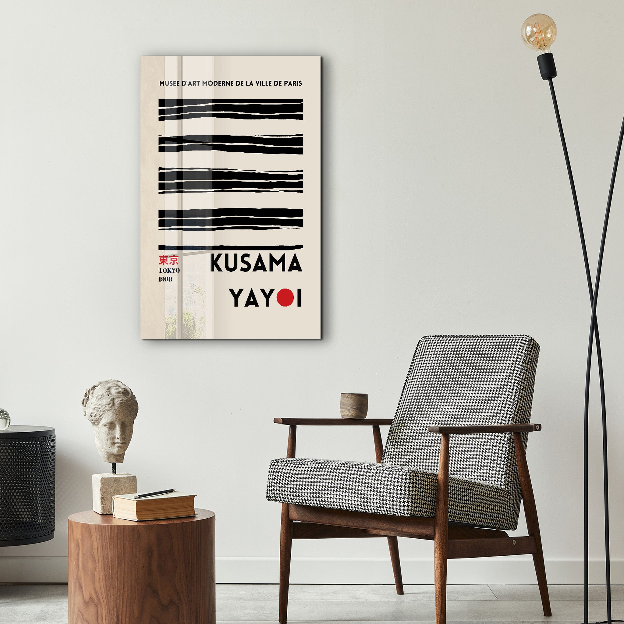 Glass wall art by Artdesigna featuring Yayoi Kusama-inspired minimal black lines Japanese pop art design.