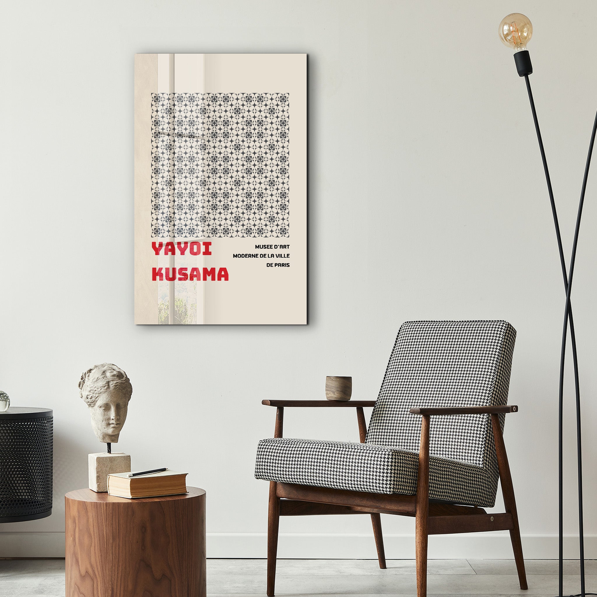 Japanese pop art glass wall art by Artdesigna featuring Yayoi Kusama's monochrome pattern design.