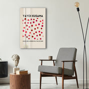 Yayoi Kusama pink dots Japanese pop art glass wall art by Artdesigna featuring vibrant pink polka dot patterns on clear glass.