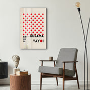 Glass wall art by Artdesigna featuring Yayoi Kusama's red dots Tokyo 1998 Japanese pop art design.