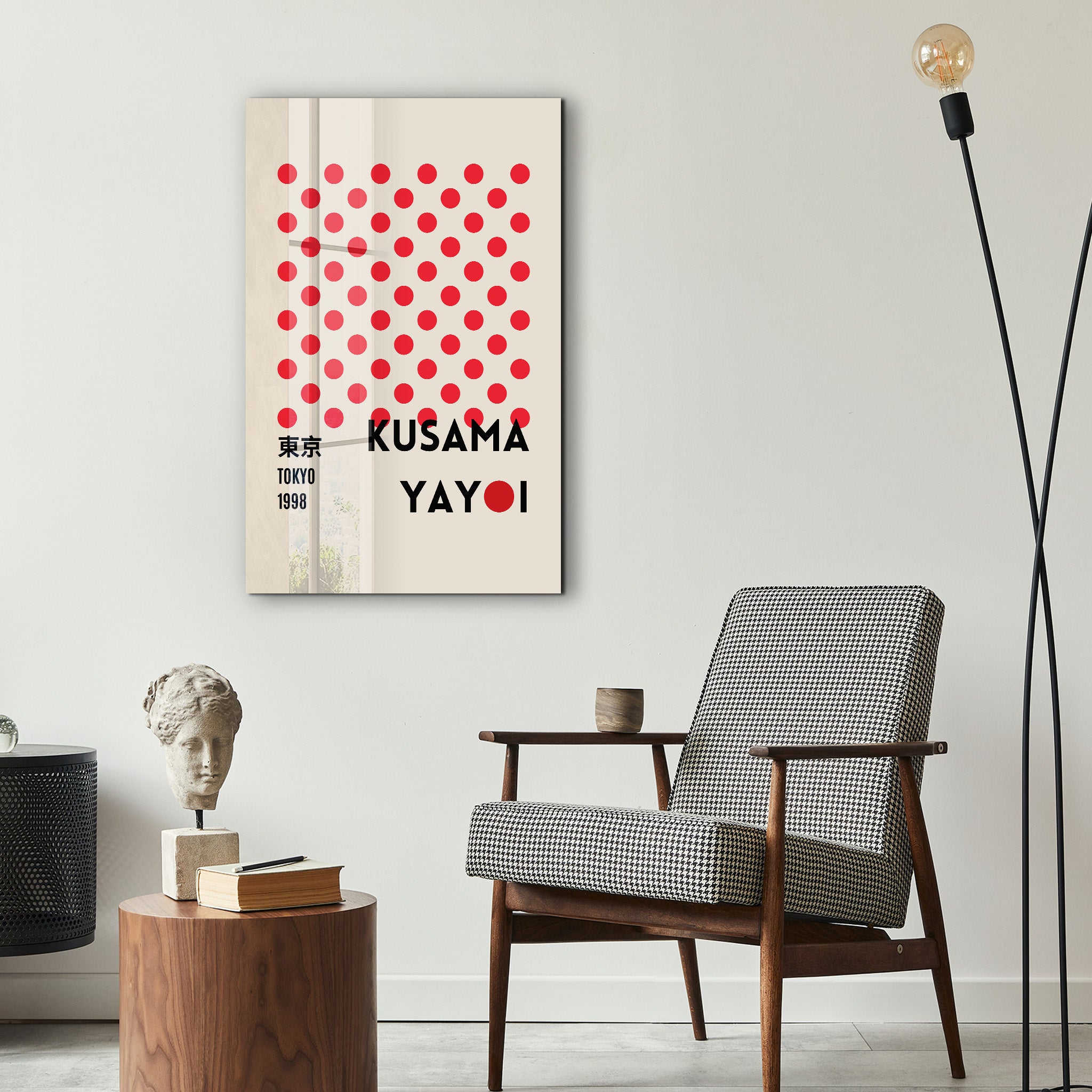 Glass wall art by Artdesigna featuring Yayoi Kusama's red dots Tokyo 1998 Japanese pop art design.