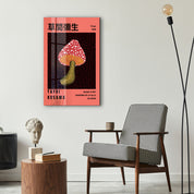 Yayoi Kusama red mushroom glass wall art by Artdesigna featuring vibrant pop art design on clear glass panel