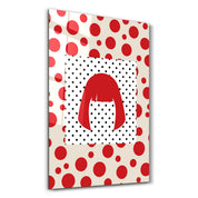 Yellow Yayoi Kusama red wig glass wall art by Artdesigna featuring vibrant Japanese pop art design on clear glass.