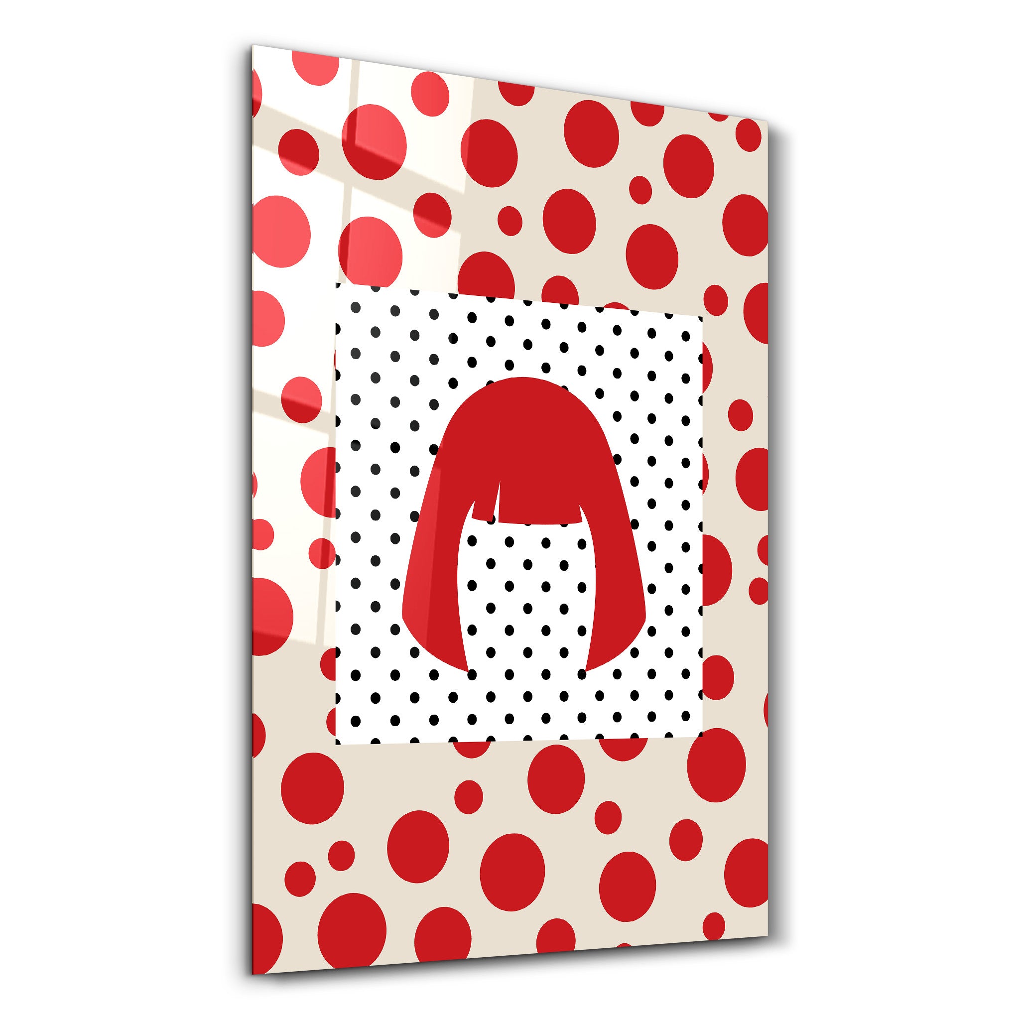 Yellow Yayoi Kusama red wig glass wall art by Artdesigna featuring vibrant Japanese pop art design on clear glass.