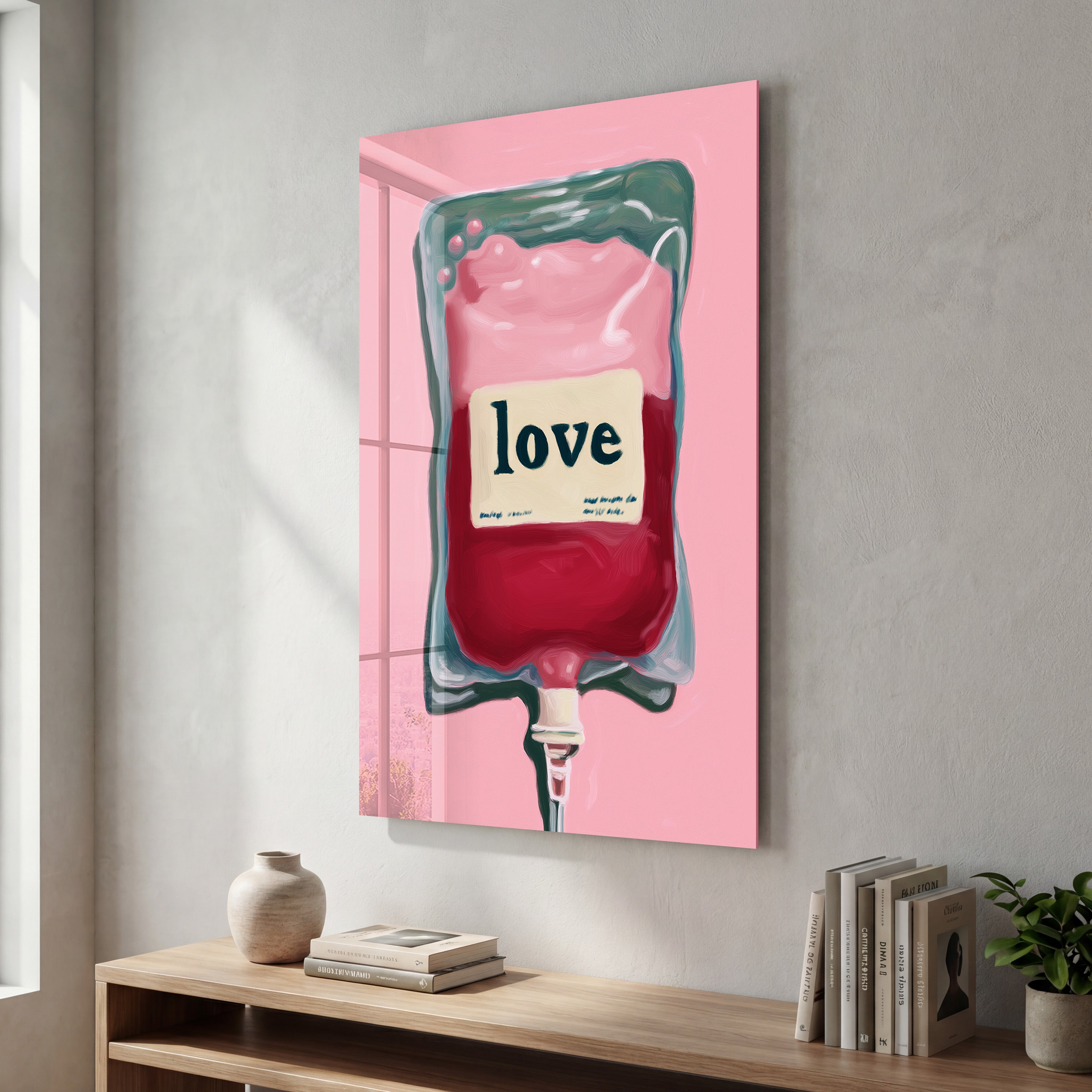 Glass wall art titled Love Transfusion by Artdesigna, featuring pop surreal minimalism with vibrant colors and abstract design.