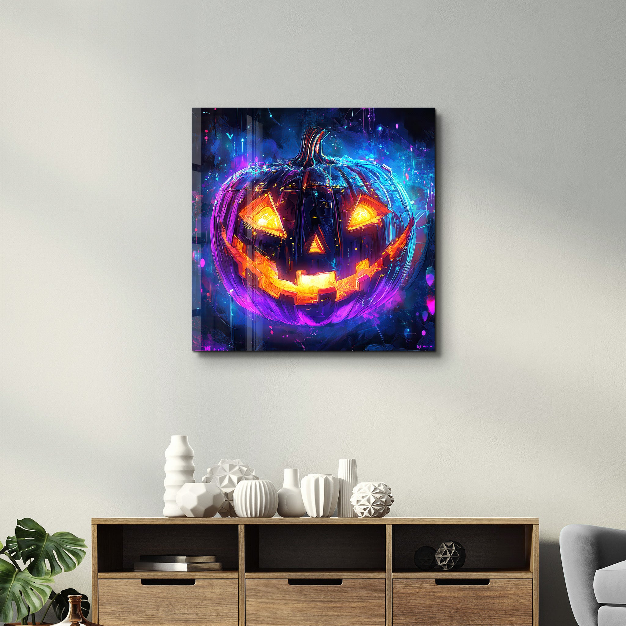 Neon Pumpkin | Halloween Style Glass Wall Art - Artdesigna