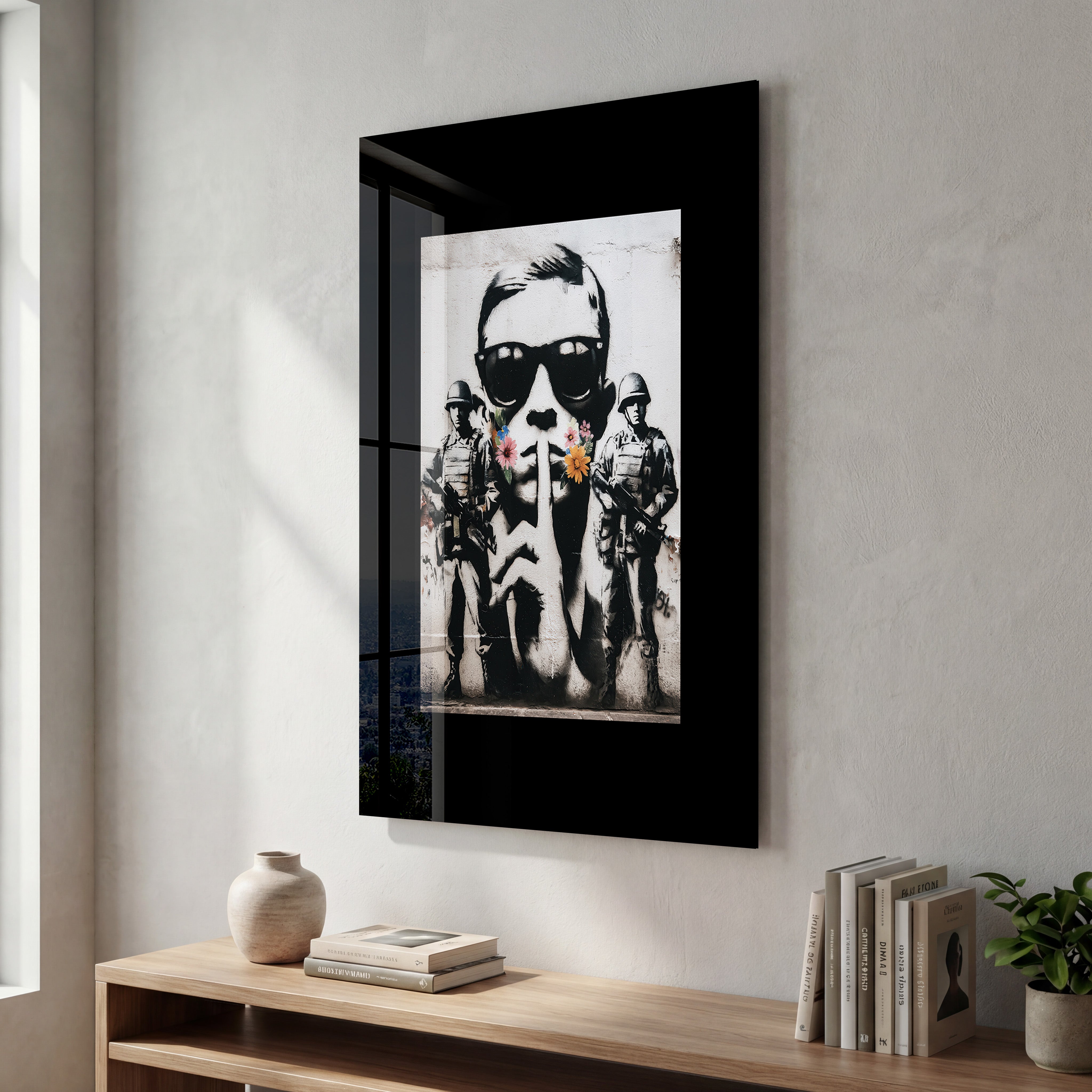 Glass wall art titled Silent Rebellion by Artdesigna, featuring urban protest street art in vibrant colors.