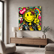Colorful Smile Rebel Pop graffiti square glass wall art by Artdesigna, featuring vibrant graffiti design on clear glass.