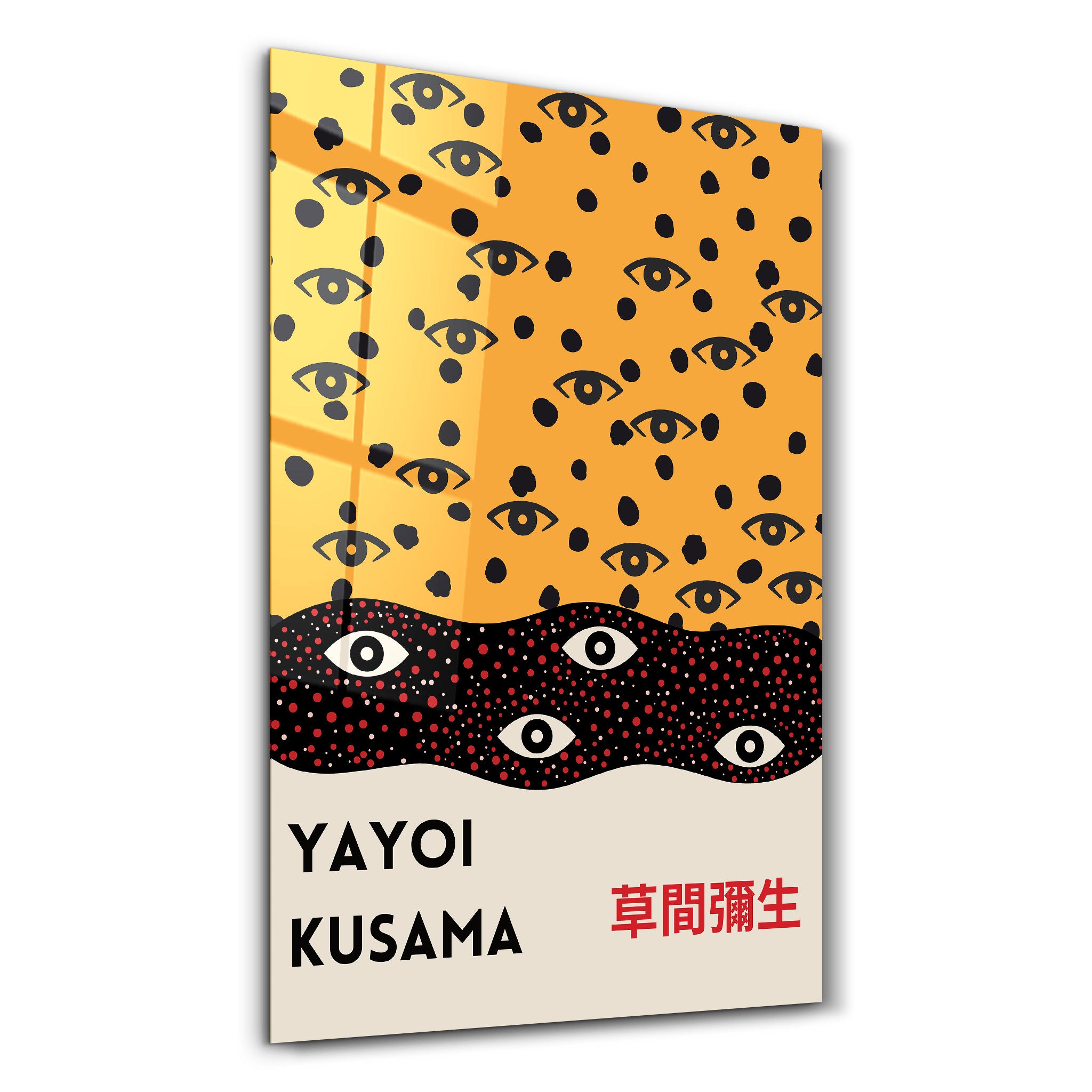 Yayoi Kusama Infinite Eyes glass wall art by Artdesigna featuring vibrant pop art design on clear glass panel.