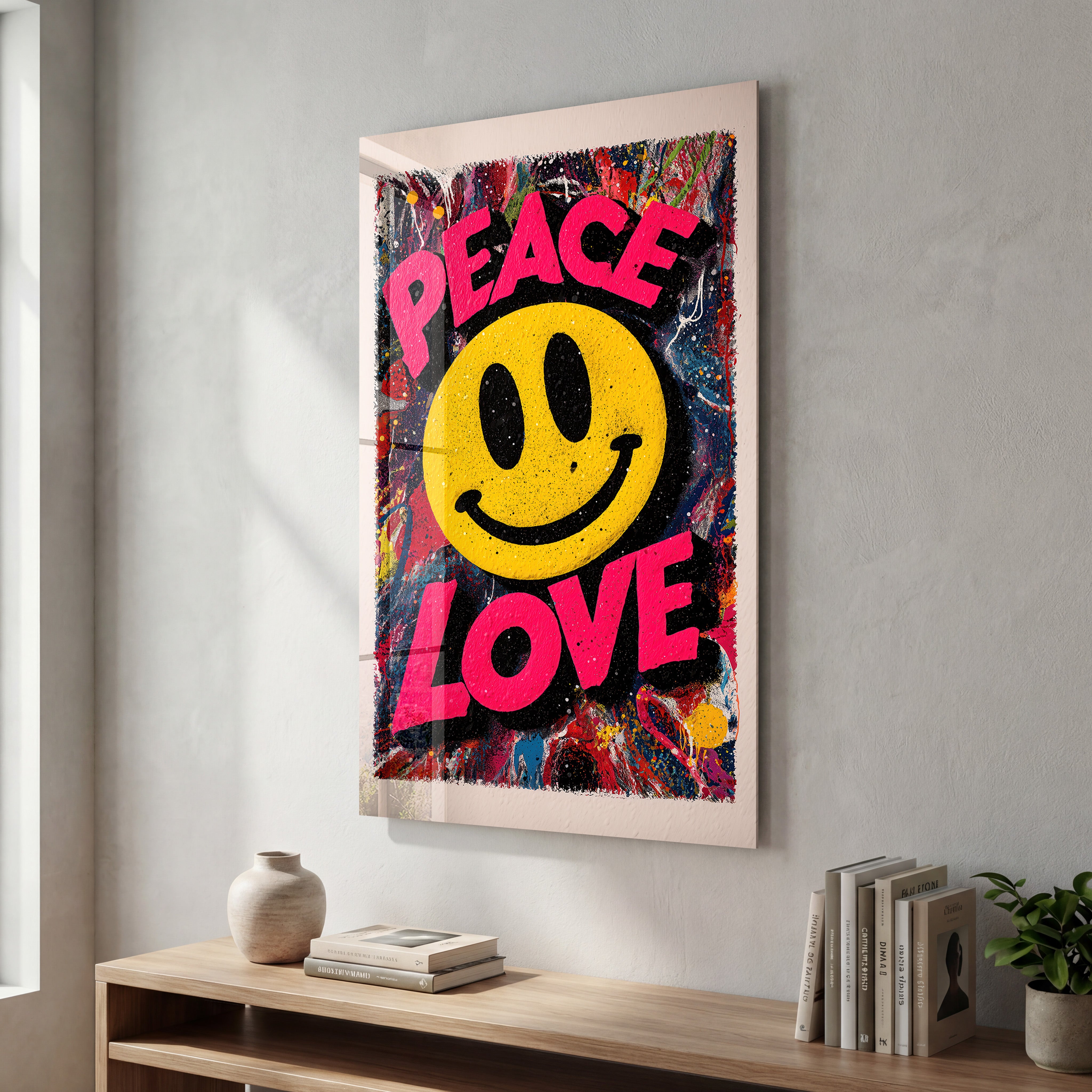 Colorful glass wall art featuring graffiti-style "Peace Love Pop" smile design by Artdesigna, vibrant and modern wall decor.