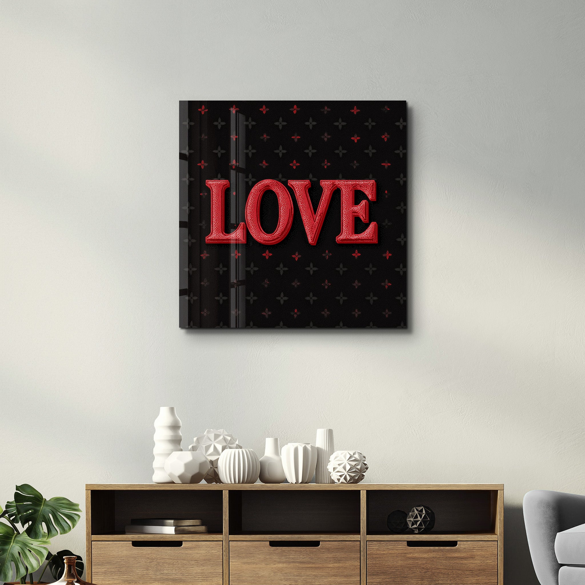 Midnight Love Luxe Square Typography Art glass wall art by Artdesigna featuring elegant black and white text design on clear glass.