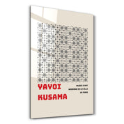 Japanese pop art glass wall art featuring Yayoi Kusama monochrome pattern by Artdesigna, with bold, abstract black and white designs.
