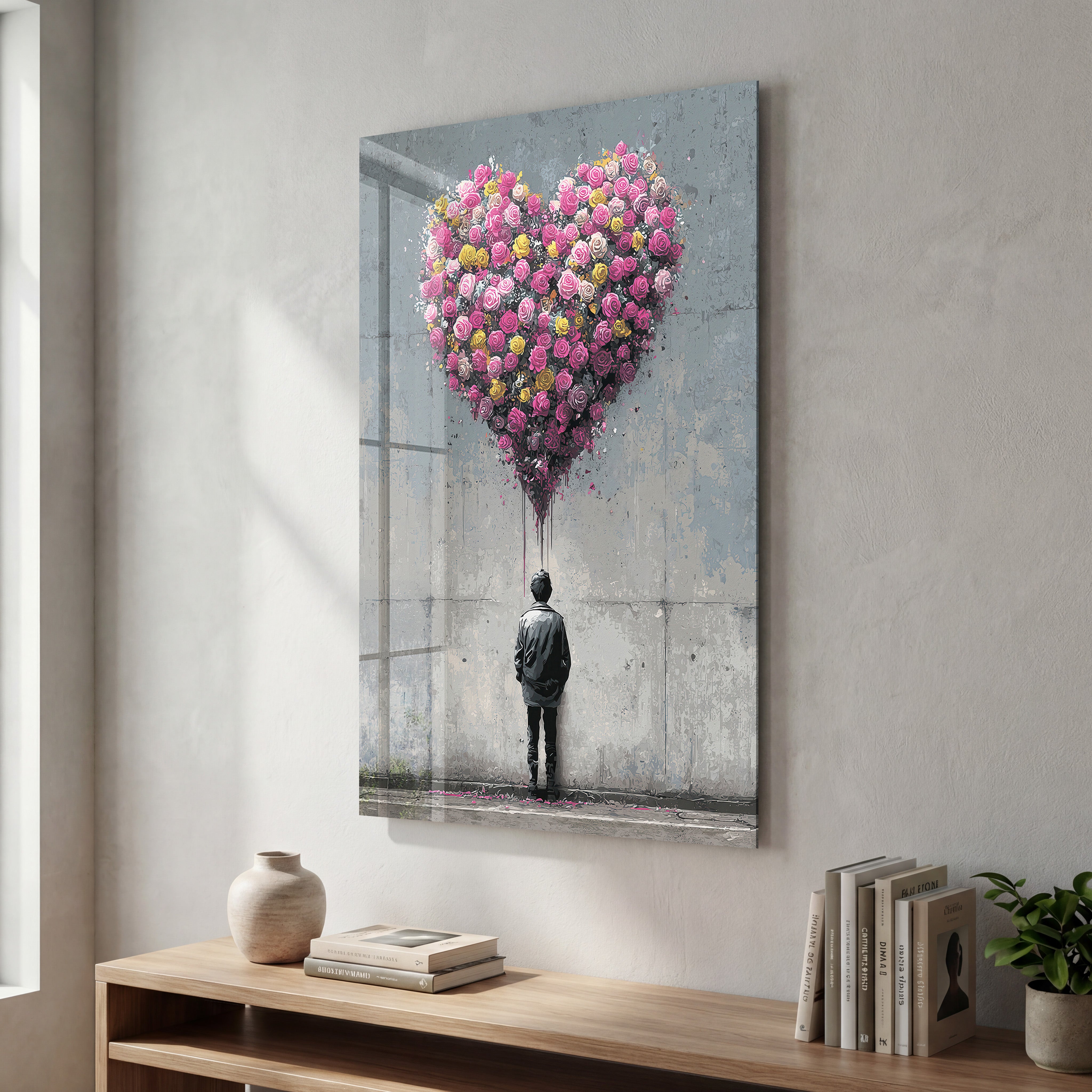 Colorful glass wall art featuring blooming heart design, romantic urban theme, by Artdesigna for modern interior decoration.