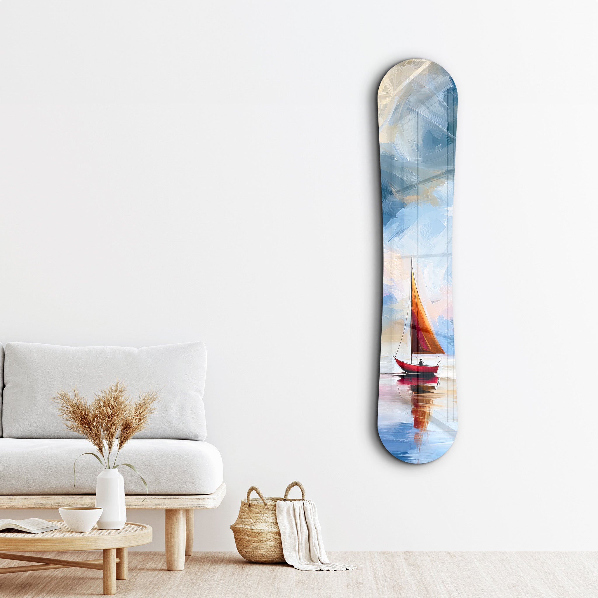 Minimal sailboat snowboard glass wall art by Artdesigna featuring a sleek sailboat design on clear glass panel.