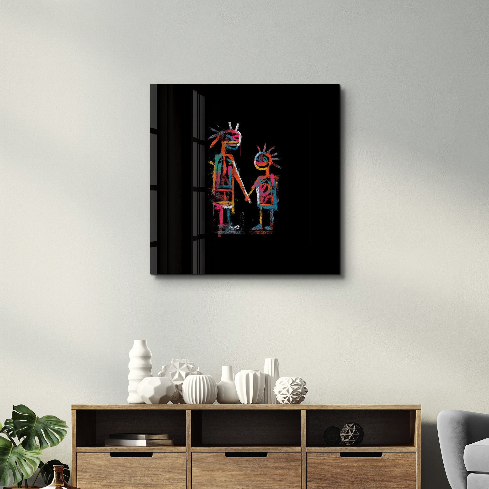 Neon family square glass wall art by Artdesigna featuring vibrant neon lights and modern design for home decor.