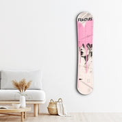 Pink grunge portrait snowboard glass wall art by Artdesigna, featuring a vibrant, edgy design on clear glass with a modern aesthetic.