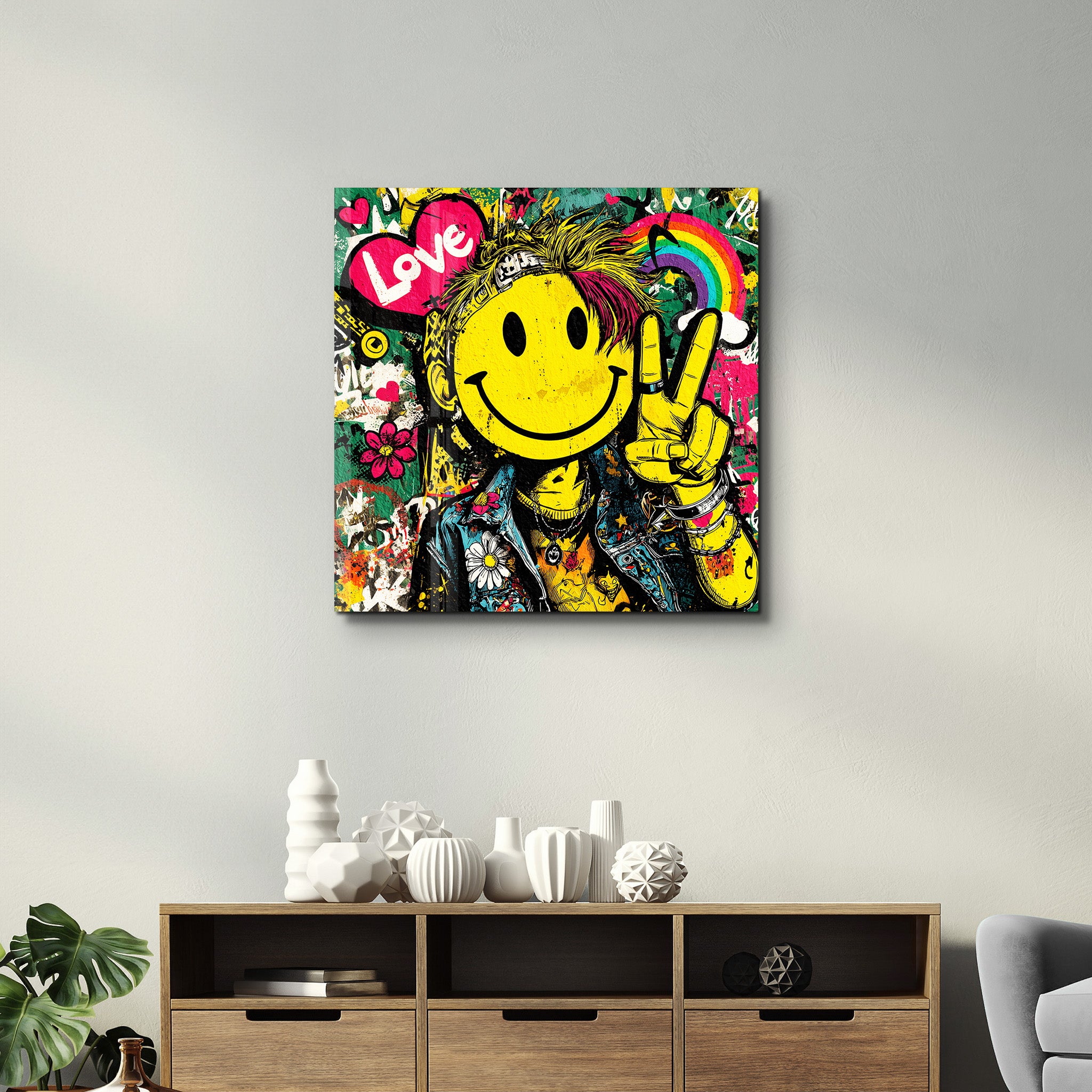 Glass wall art featuring colorful graffiti-style smile rebel pop design by Artdesigna, square-shaped decorative piece.