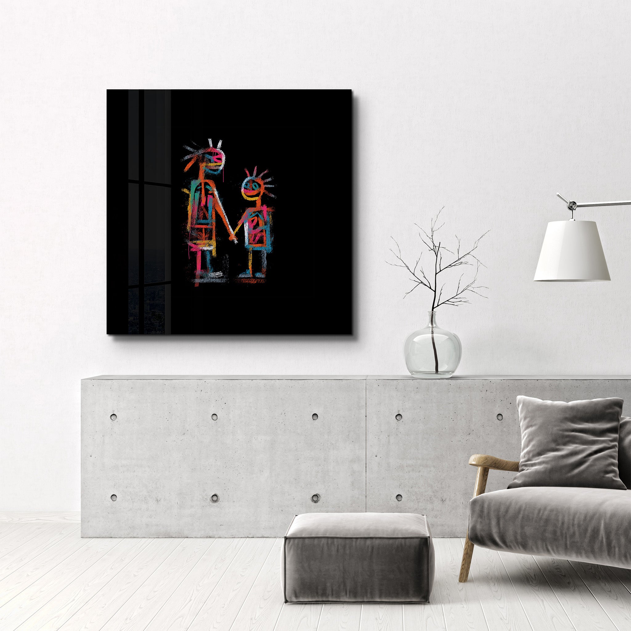 Neon family square glass wall art by Artdesigna featuring vibrant neon-colored family figures on clear glass surface.