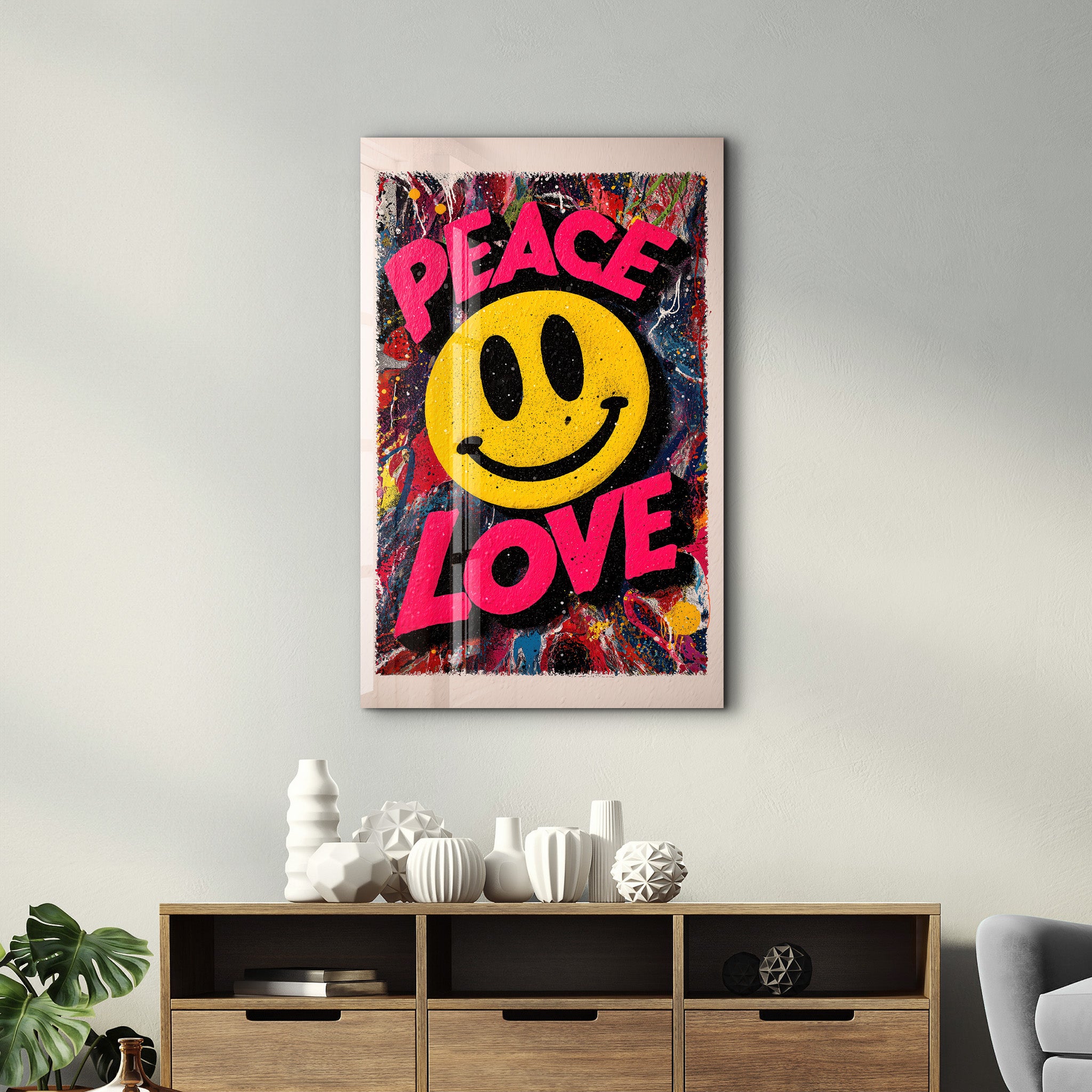 Colorful glass wall art featuring graffiti-style "Peace Love Pop" smiley design by Artdesigna, suitable for modern home decor.