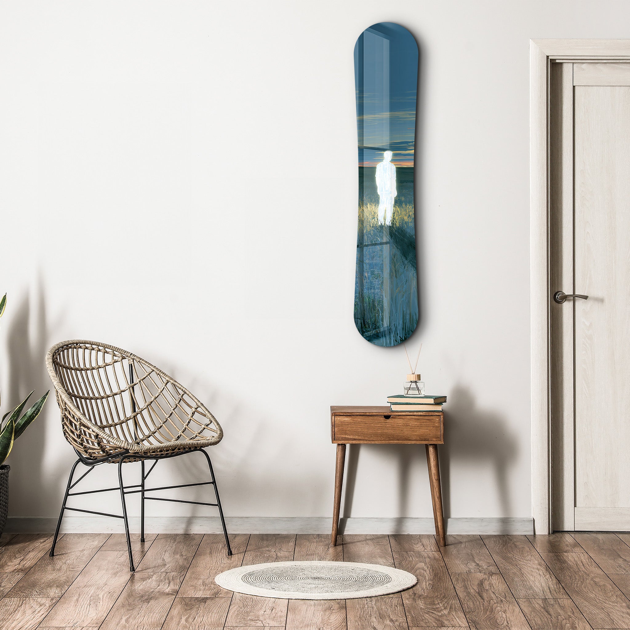 Lost Signal snowboard-themed glass wall art by Artdesigna featuring a sleek, modern design ideal for wall decoration.