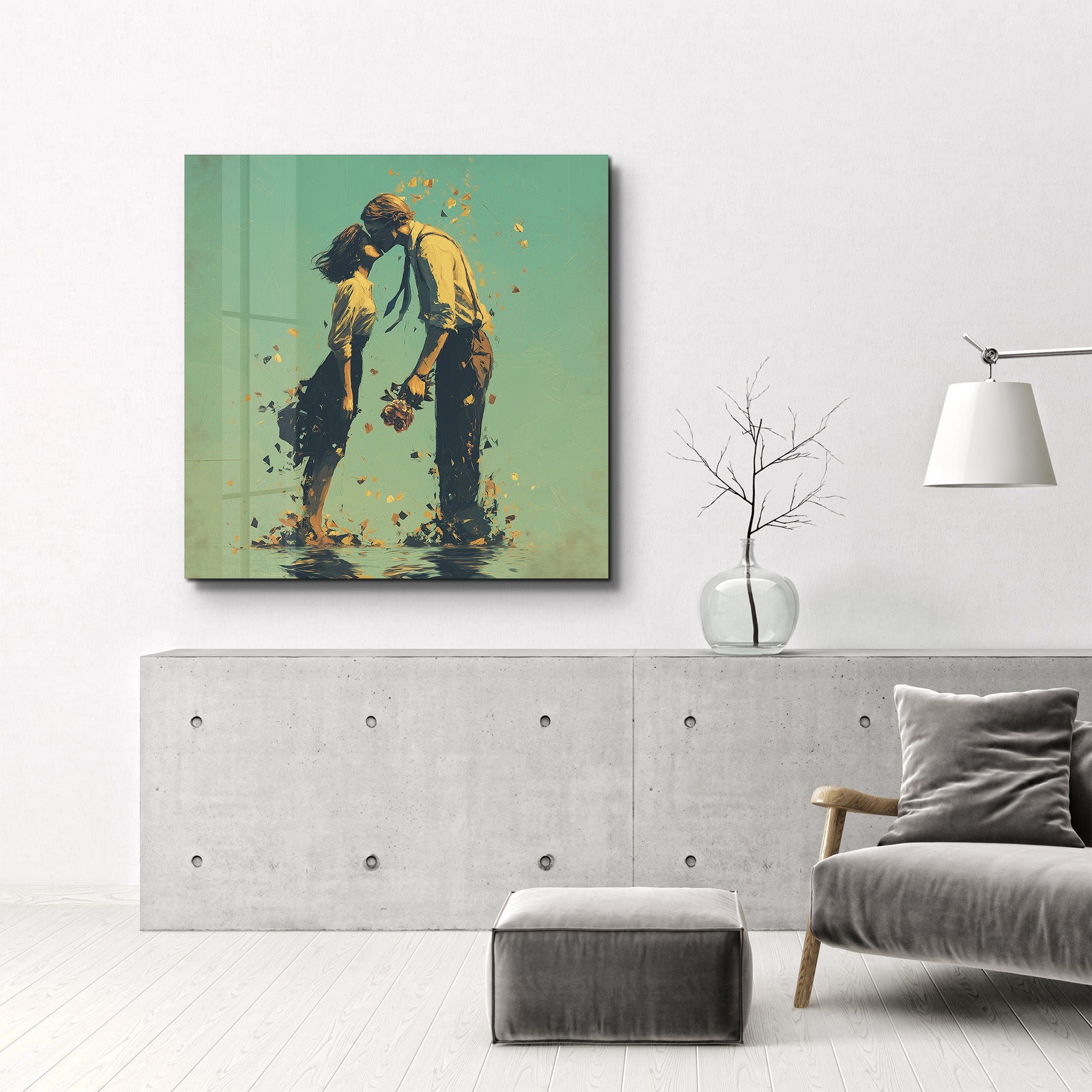 Romantic square glass wall art featuring a couple's silhouette, designed by Artdesigna, with artistic romantic couple illustration.