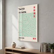 Glass wall art featuring Yayoi Kusama Tokyo 1998 Japanese pop art design by Artdesigna, showcasing vibrant colors and intricate details.
