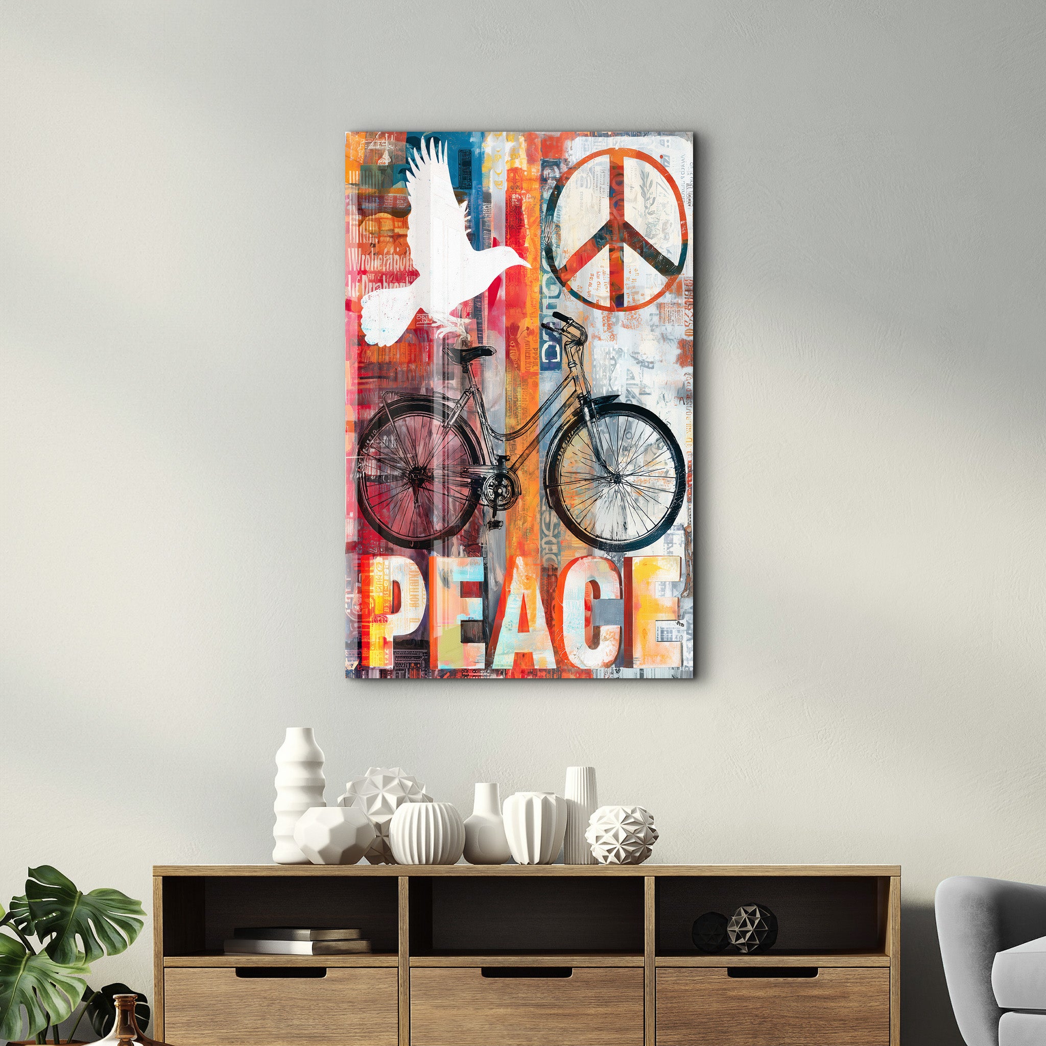 Glass wall art collage featuring a Peace Ride Urban Bicycle design by Artdesigna, vibrant colorful urban bicycle artwork for wall decor.