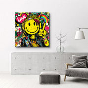 Colorful Smile Rebel Pop graffiti glass wall art by Artdesigna, featuring vibrant square design on clear glass.