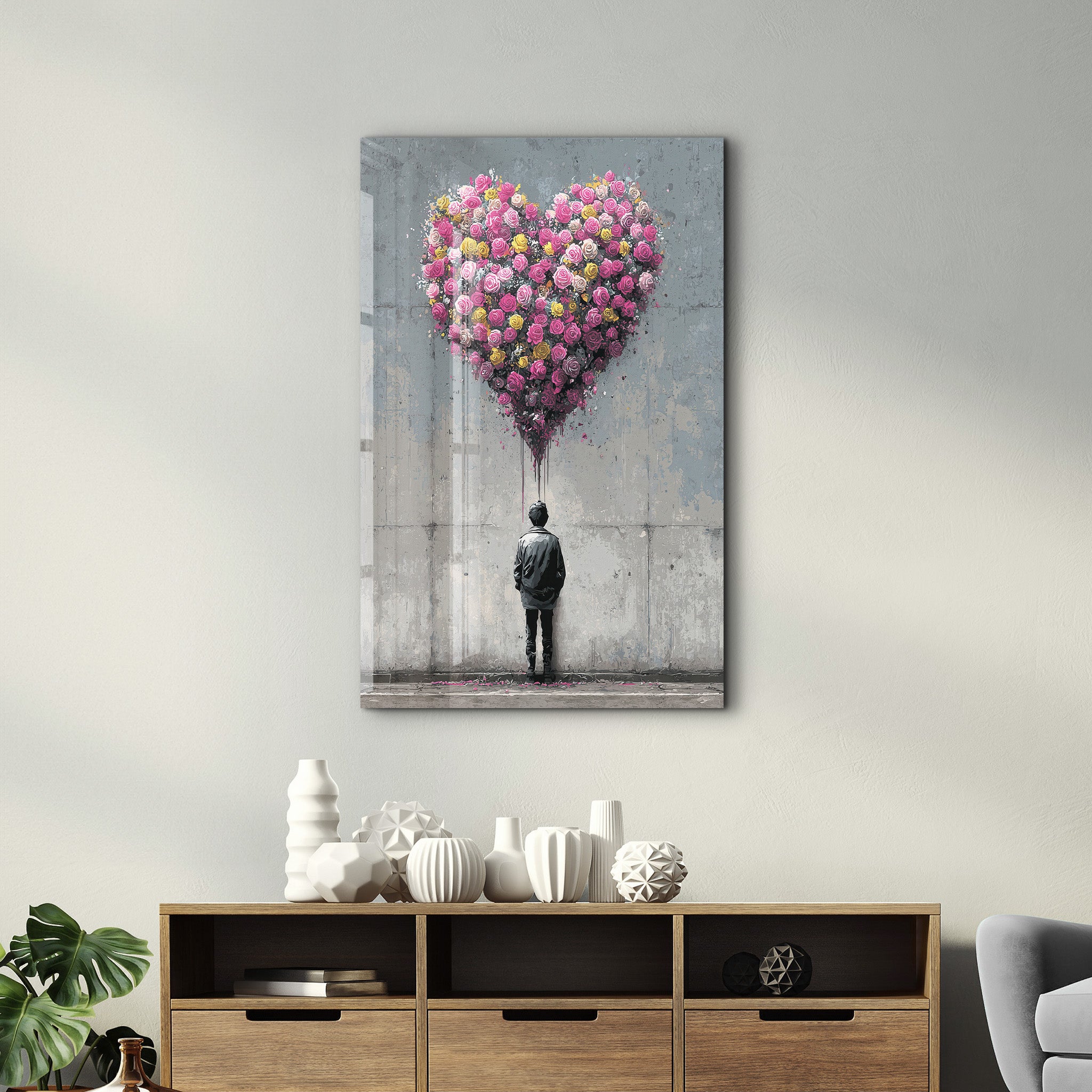 Blooming Heart glass wall art by Artdesigna featuring a romantic urban design with vibrant colors and intricate details.