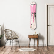 Pink grunge portrait snowboard glass wall art by Artdesigna featuring a vibrant, artistic design on clear glass.