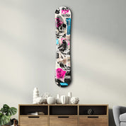 Artdesigna Ride Destroy snowboard glass wall art featuring a vibrant snowboard design on clear glass surface.