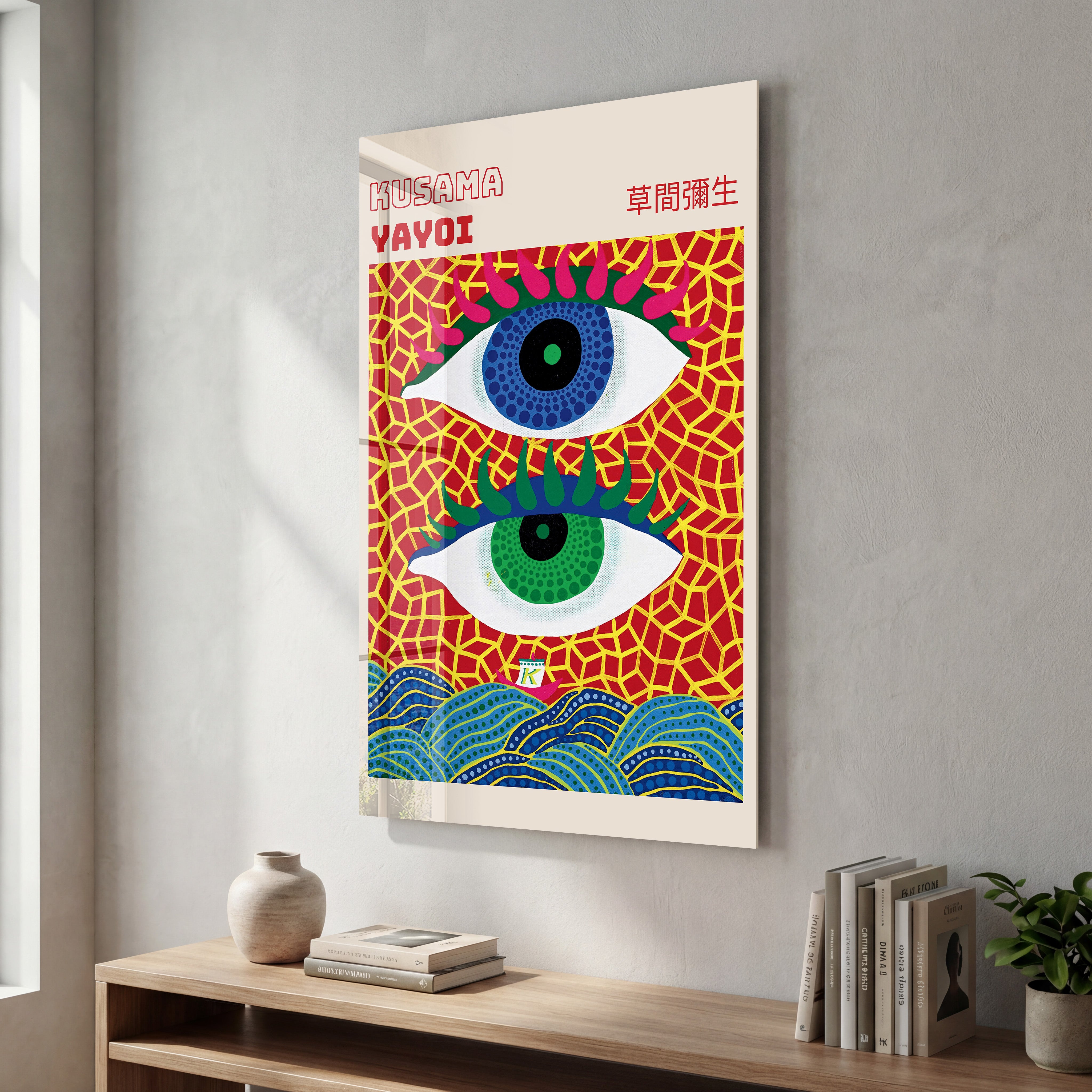 Yayoi Kusama Double Eye Japanese pop art glass wall art by Artdesigna, featuring vibrant, colorful eye motifs on transparent glass.
