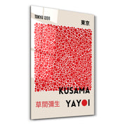 Glass wall art by Artdesigna featuring Yayoi Kusama's Tokyo 1998 red dots Japanese pop art design.