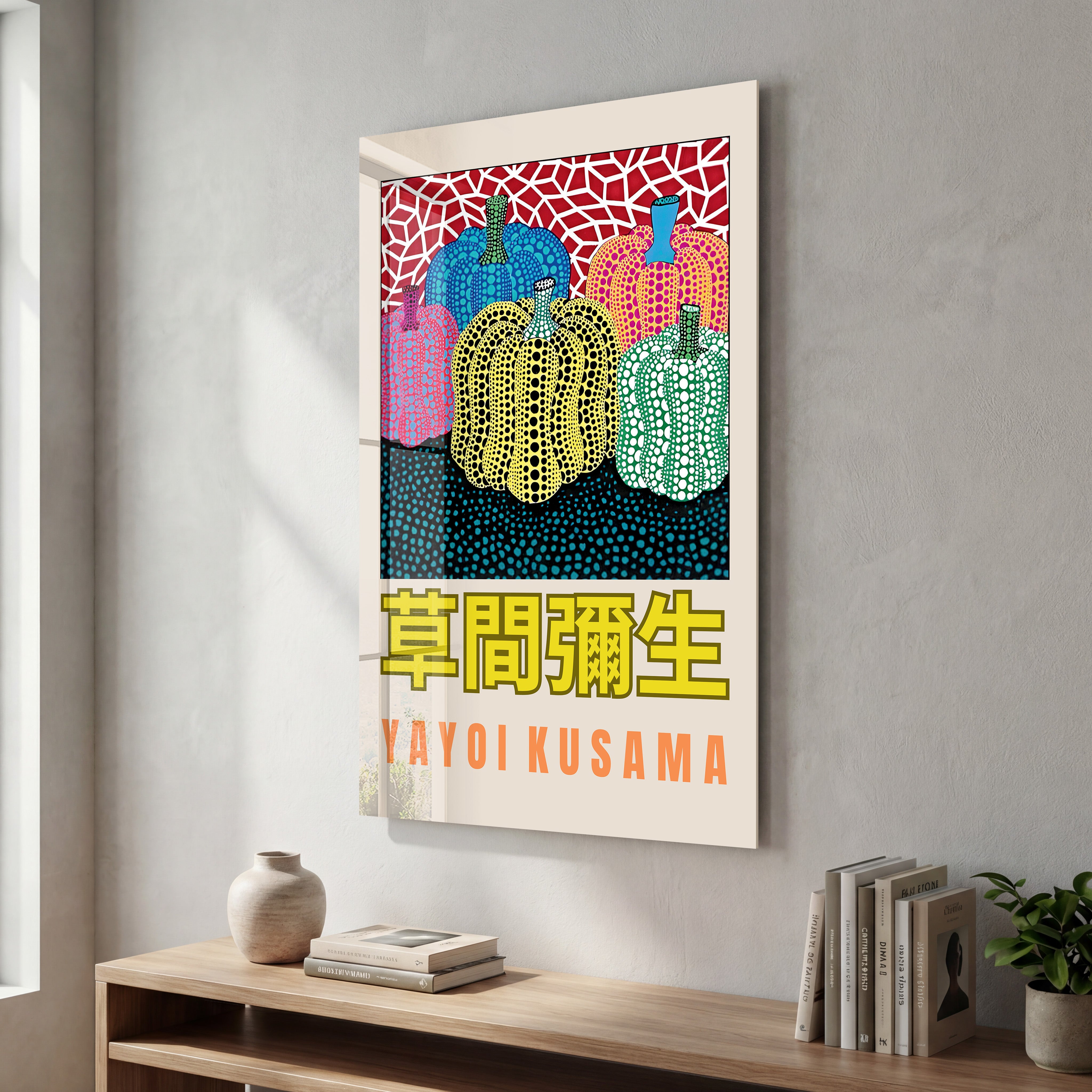 Yayoi Kusama pumpkins glass wall art by Artdesigna featuring vibrant Japanese pop art design on clear glass.