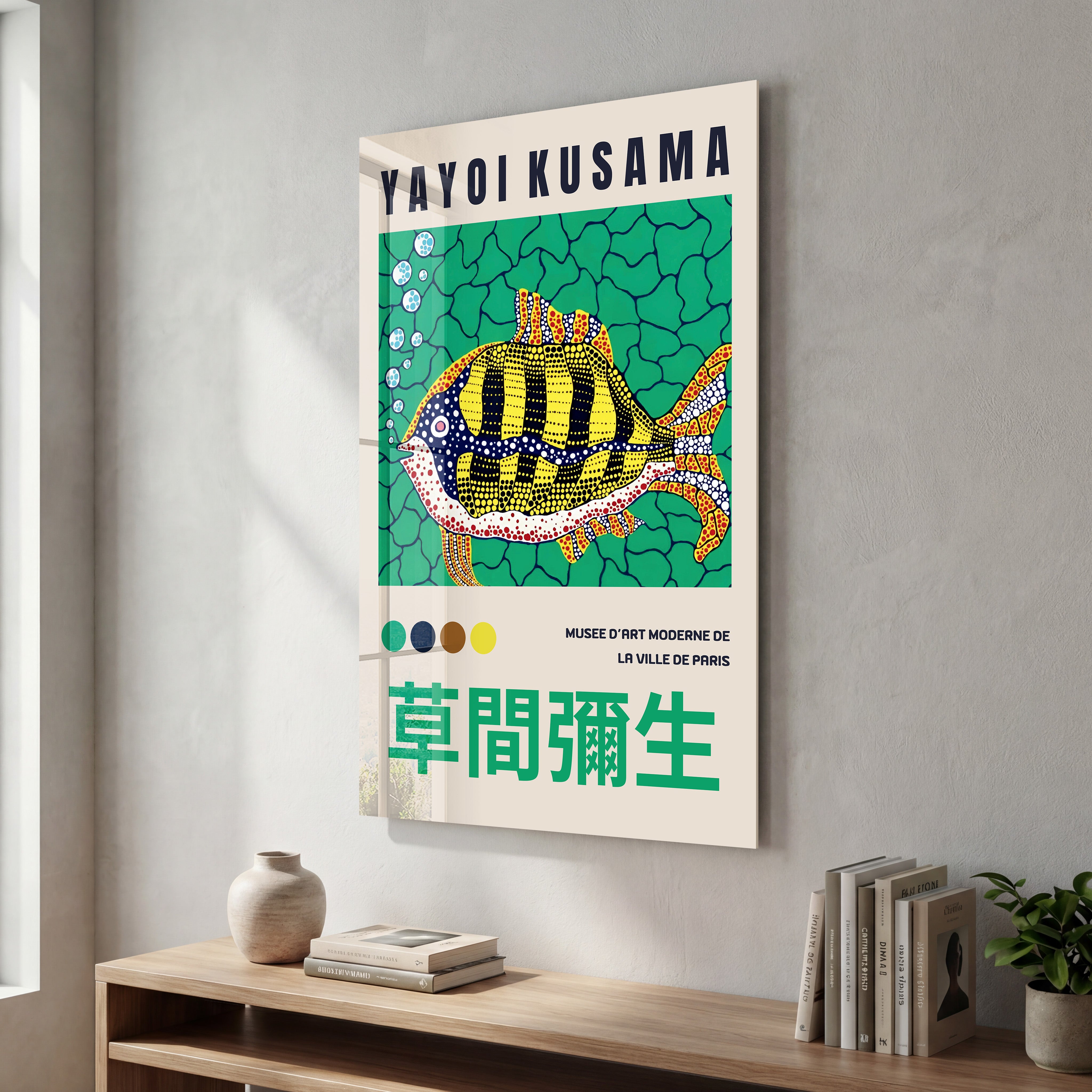 Colorful Yayoi Kusama tropical fish glass wall art by Artdesigna featuring vibrant Japanese pop art design.