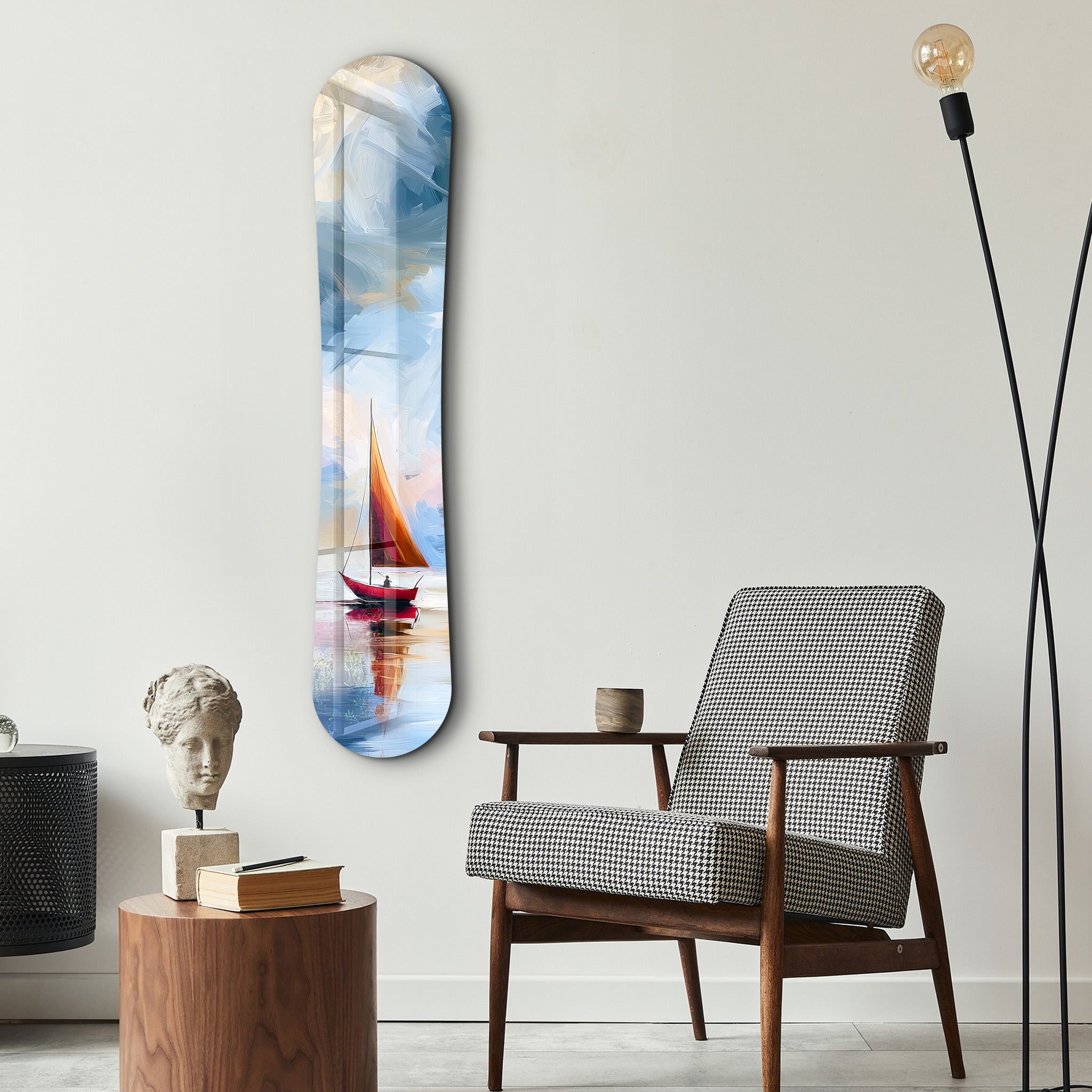 Minimal sailboat snowboard glass wall art by Artdesigna featuring a sleek sailboat design on clear glass.