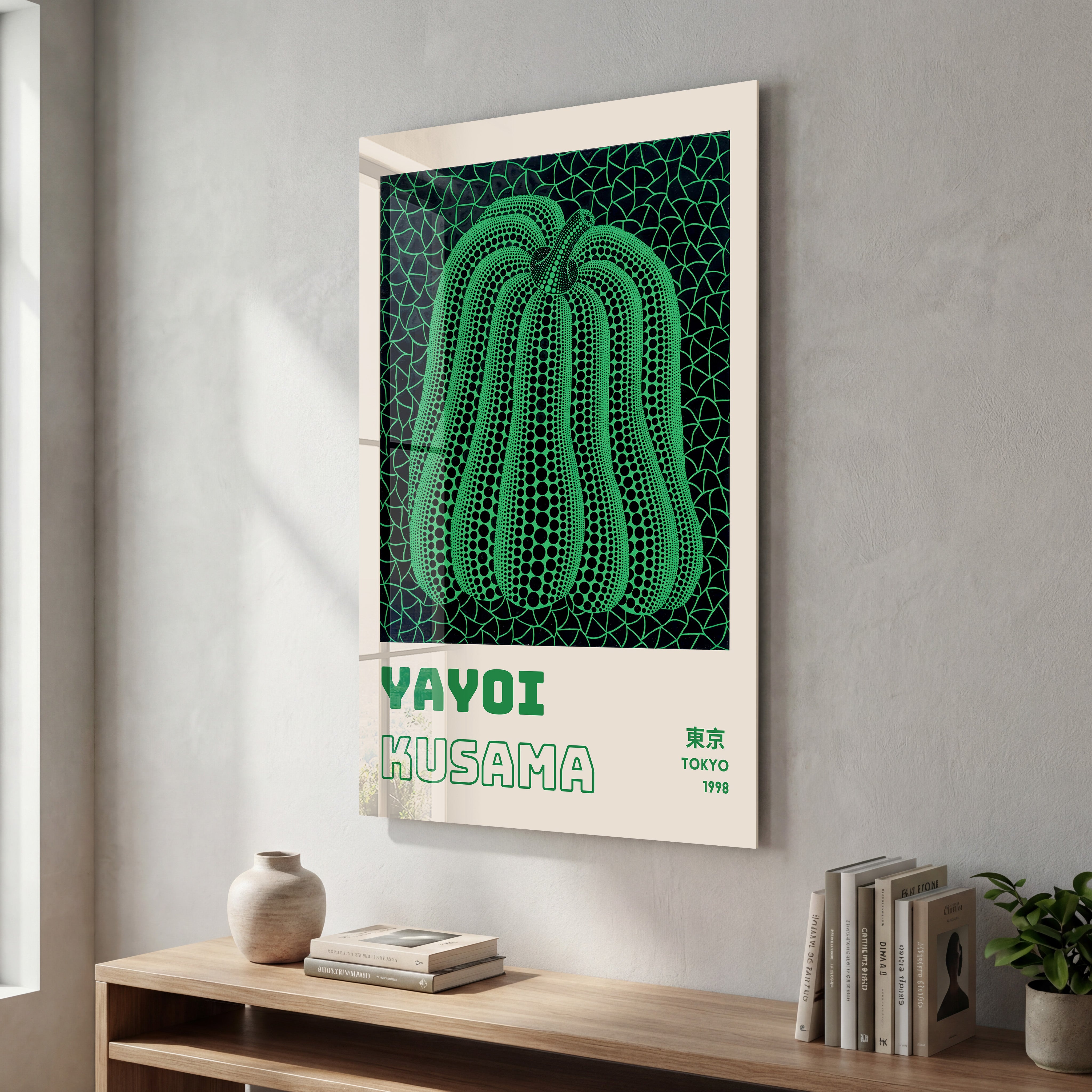 Yayoi Kusama green pumpkin glass wall art by Artdesigna featuring vibrant pop art design on clear glass surface.