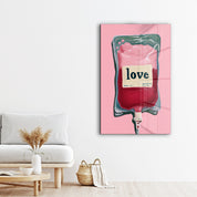 Glass wall art featuring a love transfusion pop surreal minimalism design by Artdesigna, showcasing vibrant colors and abstract imagery.